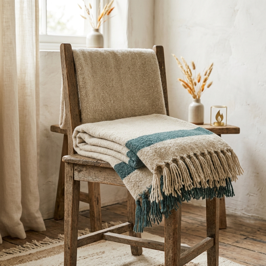 Hearth Throw Blanket — Oat & Teal Stripe